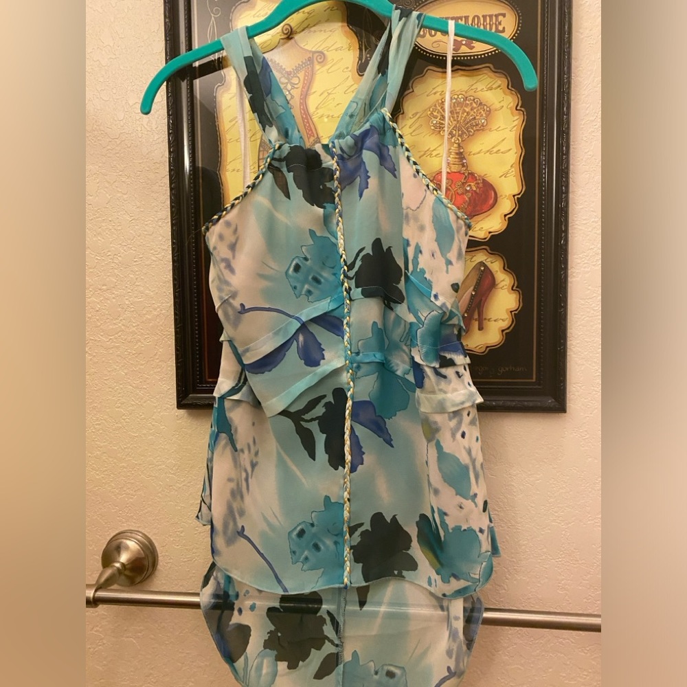 Sheer halter tie top- turquoise floral. Size Large
